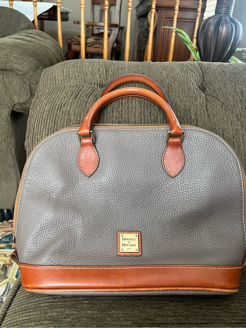 Dooney & Bourke Gray Pebbled Leather Dome Satchel with Brown Trim